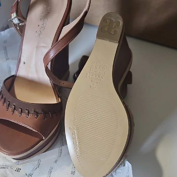 ANDREA FENZI Tan Leather Wedge Sandals - Picture 5 of 9